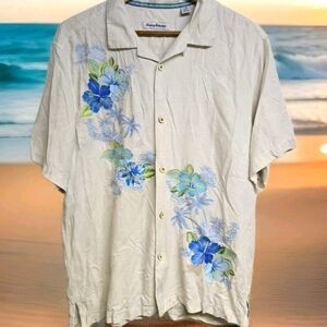 Tommy Bahama Men's Floral Shirt Large Beige 100% Silk Hawaiian . Stain See Pics.